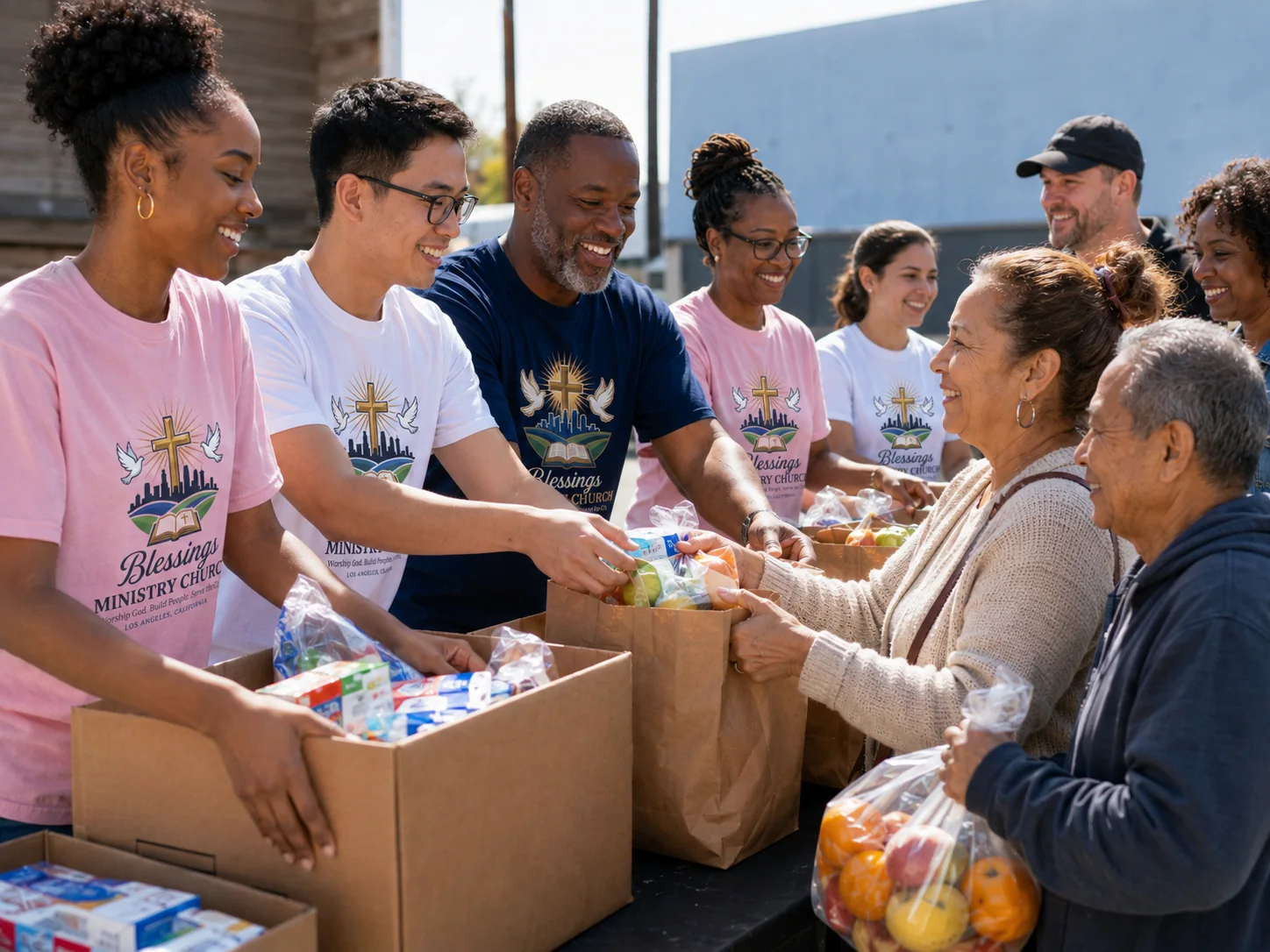 Multi-racial outreach team distributing food and support in Los Angeles